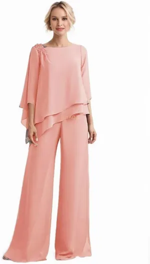 2 Pieces Mother of The Bride Pant Suits Appliques Ruffle Lace Appliqued Chiffon Wedding Outfits for Women
