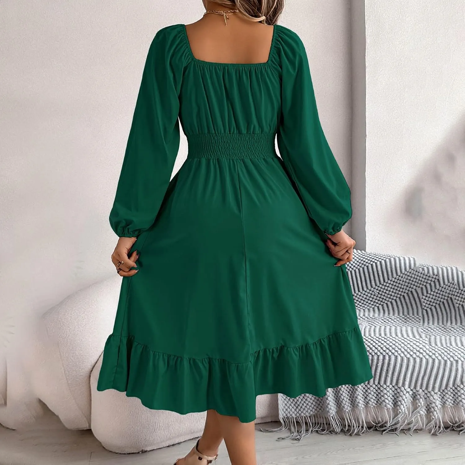2025 Women Summer Dress Long Lantern Sleeve Square Neck Backless Sexy Dress Ruffle Elastic Waist A-Line Mini Dresses