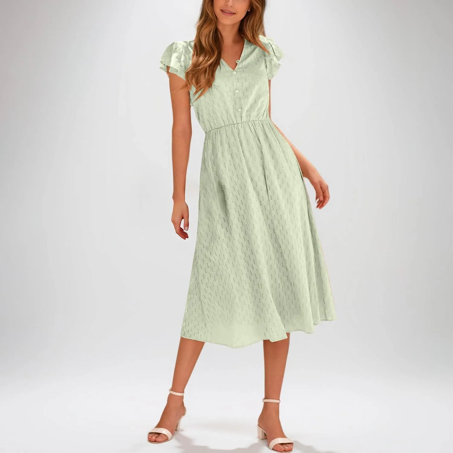 2025 Women's Summer Midi Dress Ruffle Cap Sleeve V-Neck Casual A Line Dress Beach Party Vacation Lace Sun Dresses