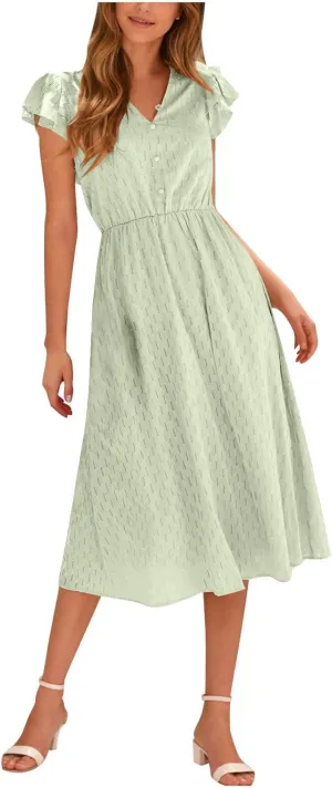 2025 Women's Summer Midi Dress Ruffle Cap Sleeve V-Neck Casual A Line Dress Beach Party Vacation Lace Sun Dresses