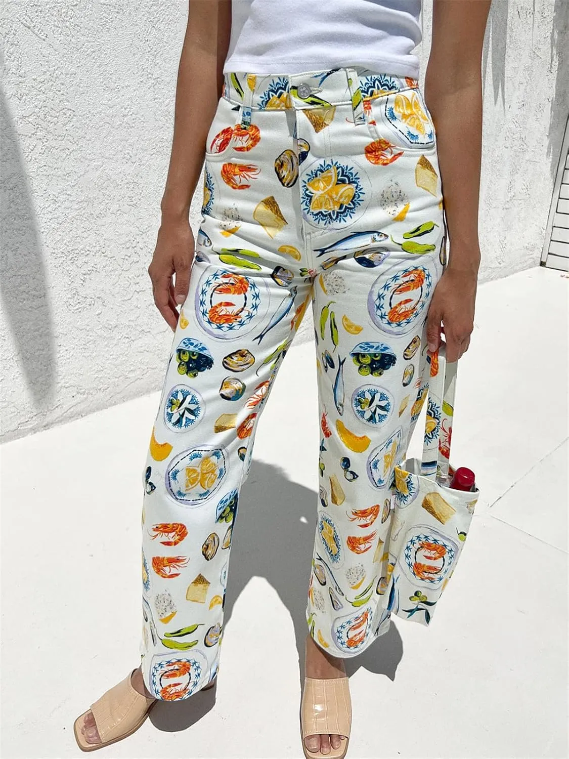 Alyweatry Women BUON Appetito Print Jeans High Waist Straight Leg Summer Fruit Tapas Print Denim Pants