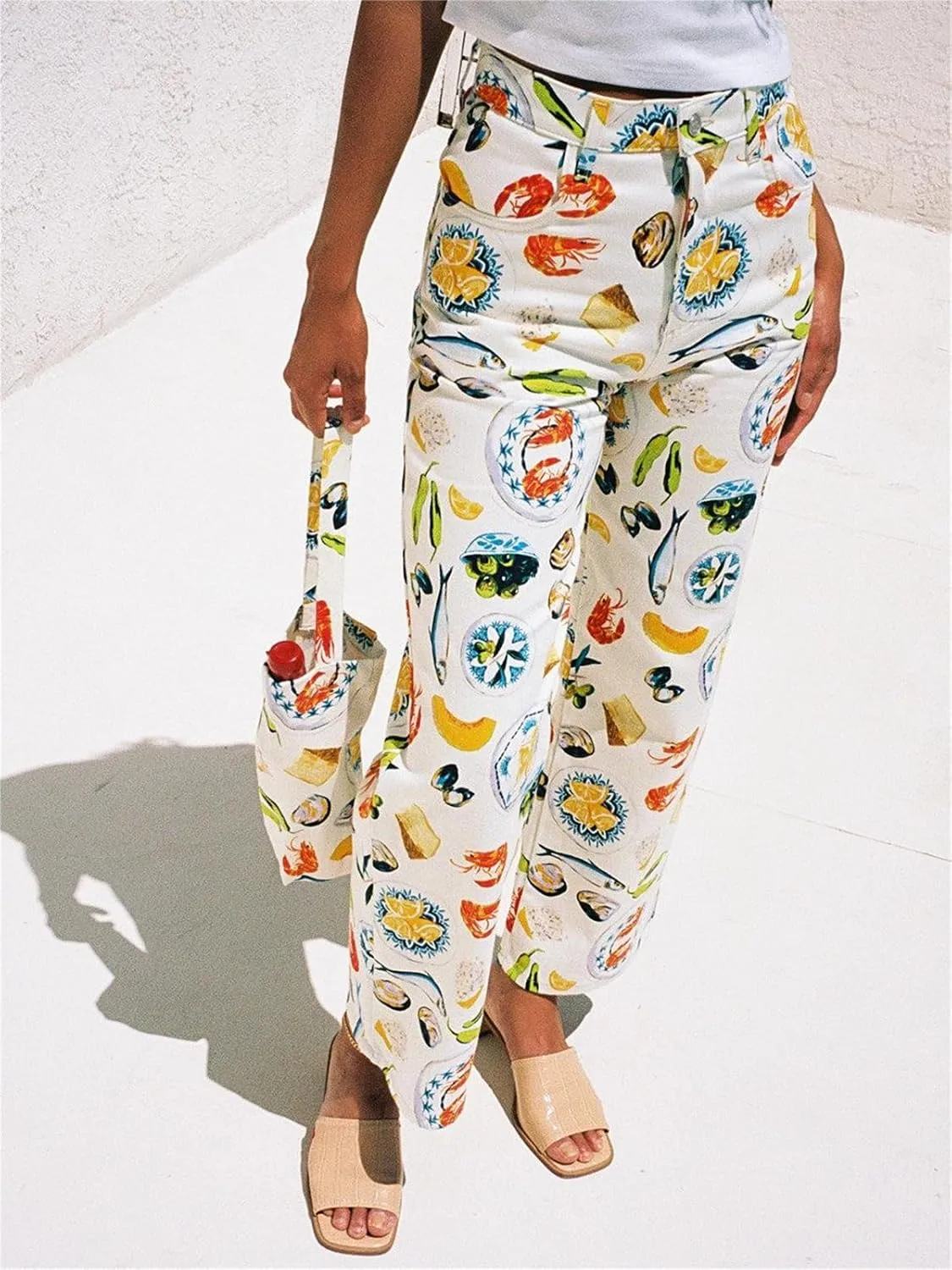 Alyweatry Women BUON Appetito Print Jeans High Waist Straight Leg Summer Fruit Tapas Print Denim Pants