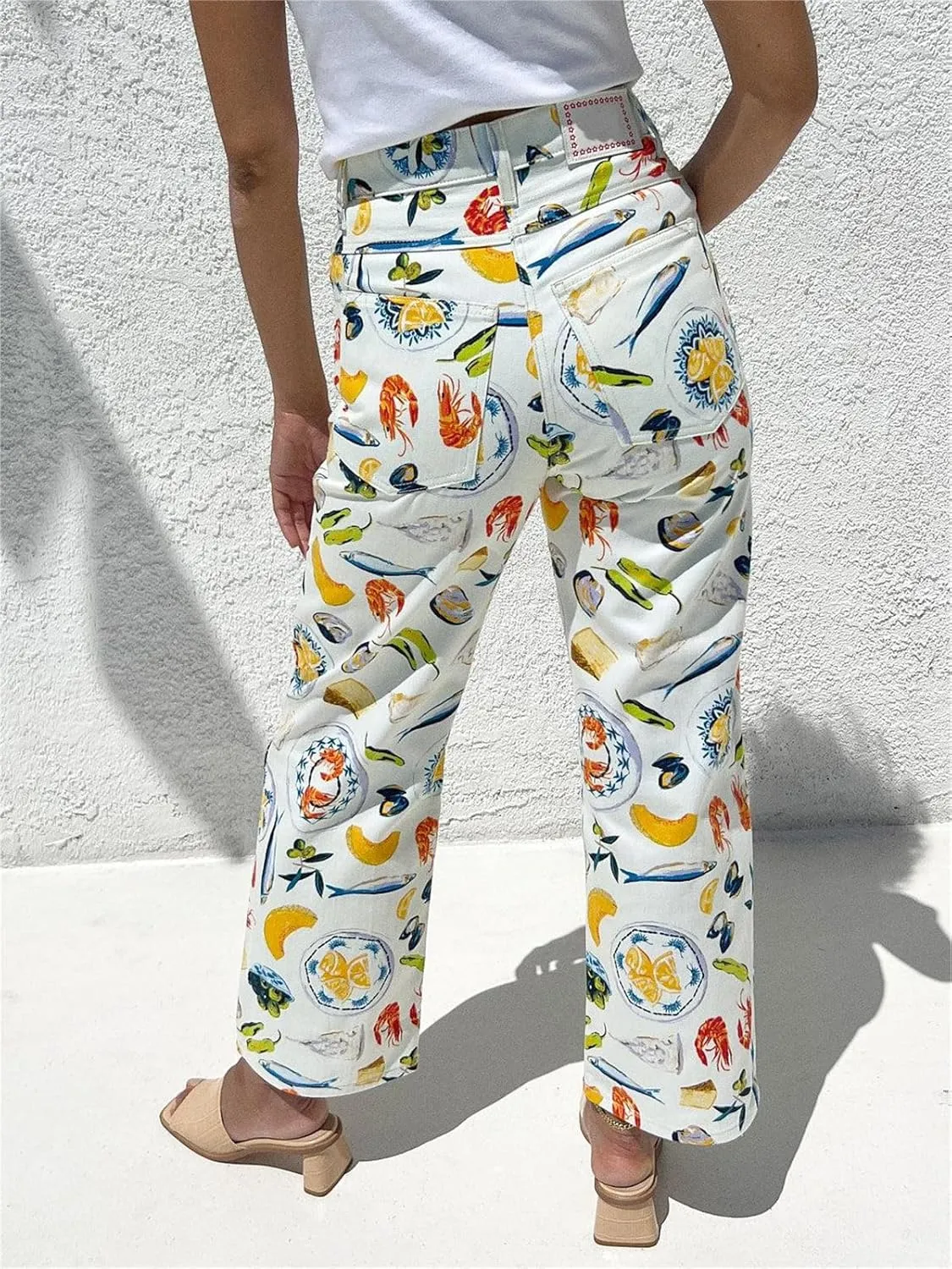Alyweatry Women BUON Appetito Print Jeans High Waist Straight Leg Summer Fruit Tapas Print Denim Pants