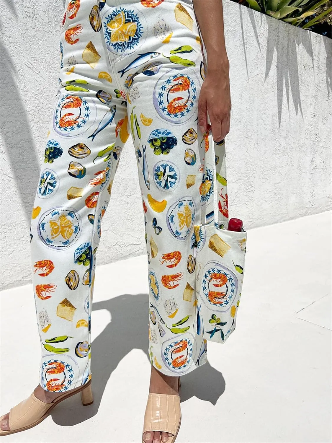 Alyweatry Women BUON Appetito Print Jeans High Waist Straight Leg Summer Fruit Tapas Print Denim Pants