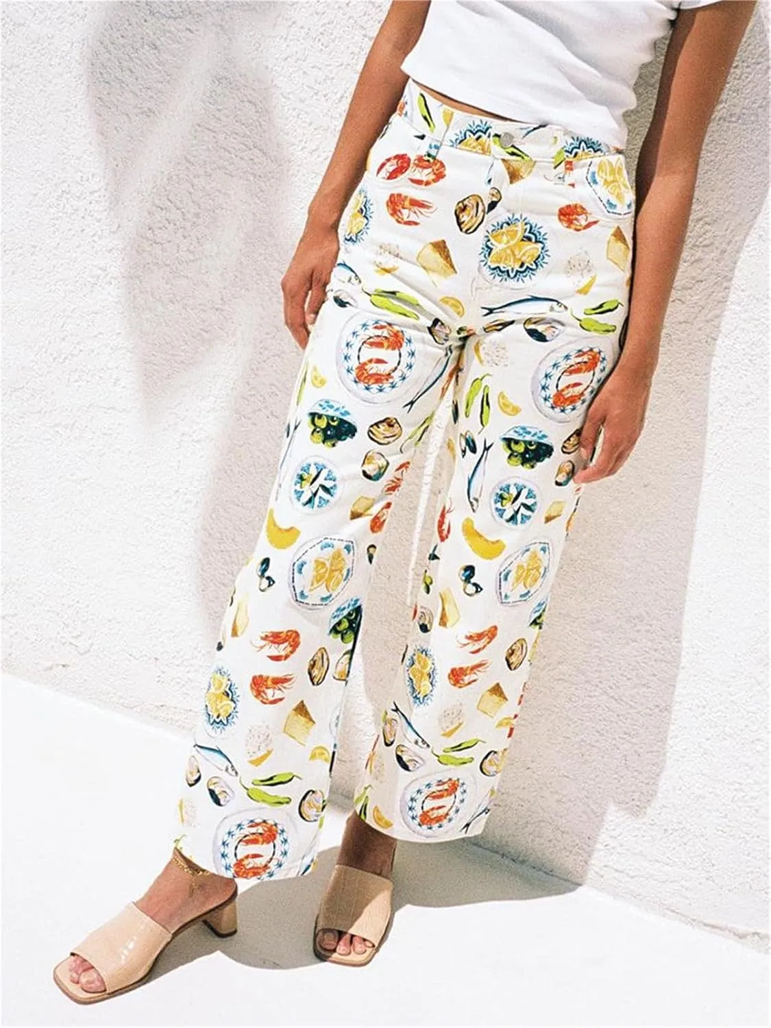 Alyweatry Women BUON Appetito Print Jeans High Waist Straight Leg Summer Fruit Tapas Print Denim Pants