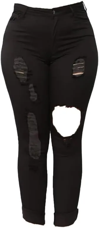 Andongnywell Plus Size Ripped Stretch Jeans Women Slim Skinny Denim Jean High Waist Hole Trousers Pants
