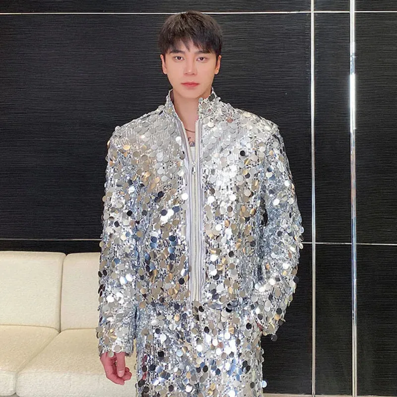 Autumn Stylish Men's Jackets Sequins Stand Collar Casual Clothing Loose Zipper Solid Color Male Shorts Coats Menwear 9C7536
