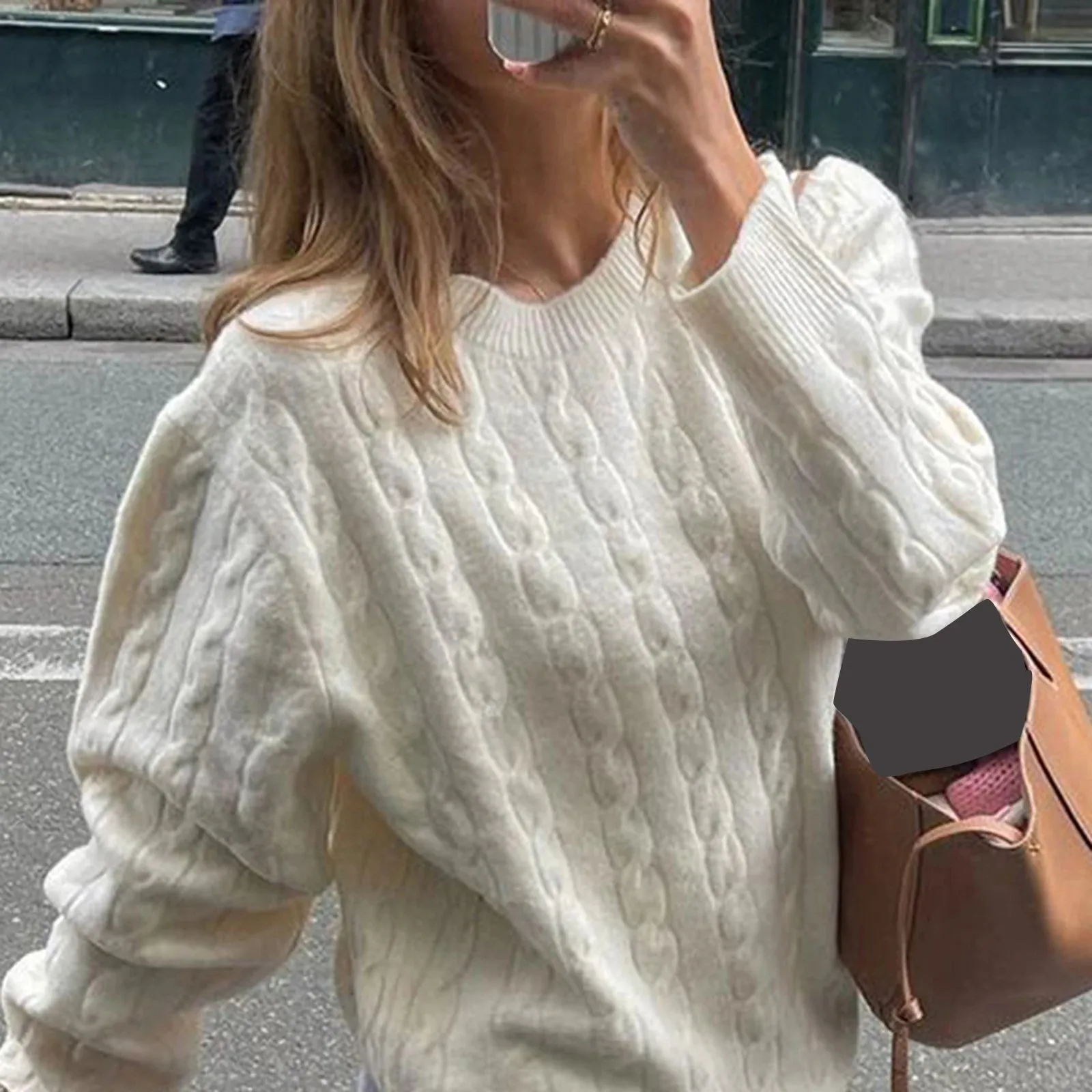 Back To School Joskaa Women's Y2K Vintage Retro Cable Knit Sweaters Long Sleeve Round Neck Solid Color Pullovers Fall Winter Loose Tops