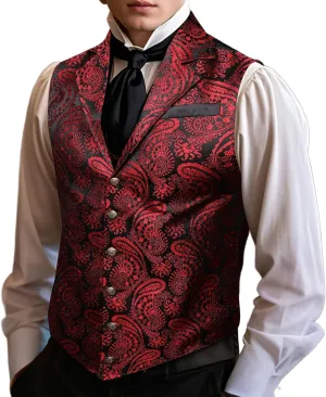 Barry.Wang Mens Victorian Suit Vest Lapel Collar Silk Paisley Steampunk Gothic Waistcoat Formal/Leisure Party