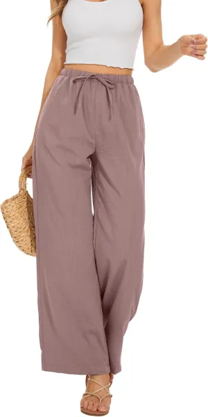Beach Flowy Pants for Women Elastic Waist Wide Leg Palazzo Summer Trousers Loose Fit with Pockets