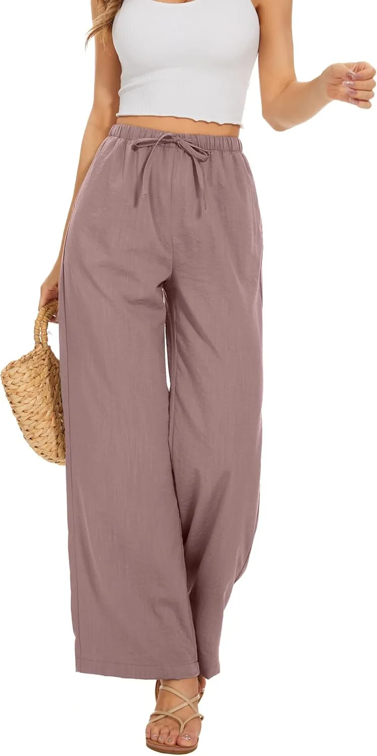 Beach Flowy Pants for Women Elastic Waist Wide Leg Palazzo Summer Trousers Loose Fit with Pockets