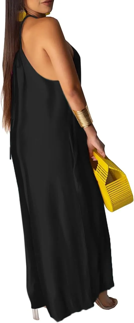 BestGirl Women's Casual Loose Plus Size Jumpsuits Stripe Print Spaghetti Strap Wide Leg Pants with Pockets