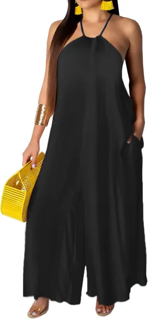BestGirl Women's Casual Loose Plus Size Jumpsuits Stripe Print Spaghetti Strap Wide Leg Pants with Pockets