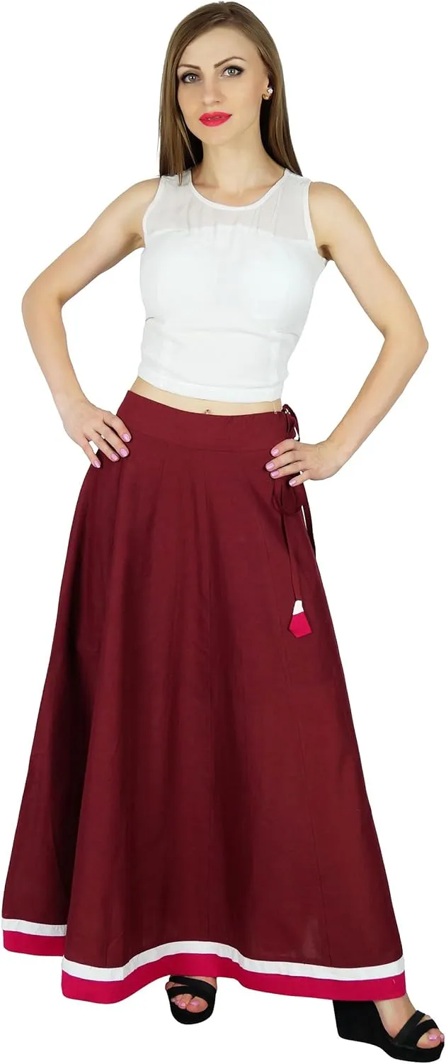 Bimba Women Long Boho Maxi Skirt Cotton Flared A-Line Skirts with Drawstring Waist