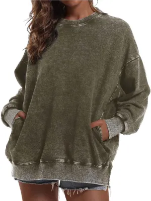 BINTEHGS Oversized Sweatshirt for Women Loose Fit Cotton Pullover Vintage Crew Neck Sweatshirts with Pocket Long Sleeve Shirt