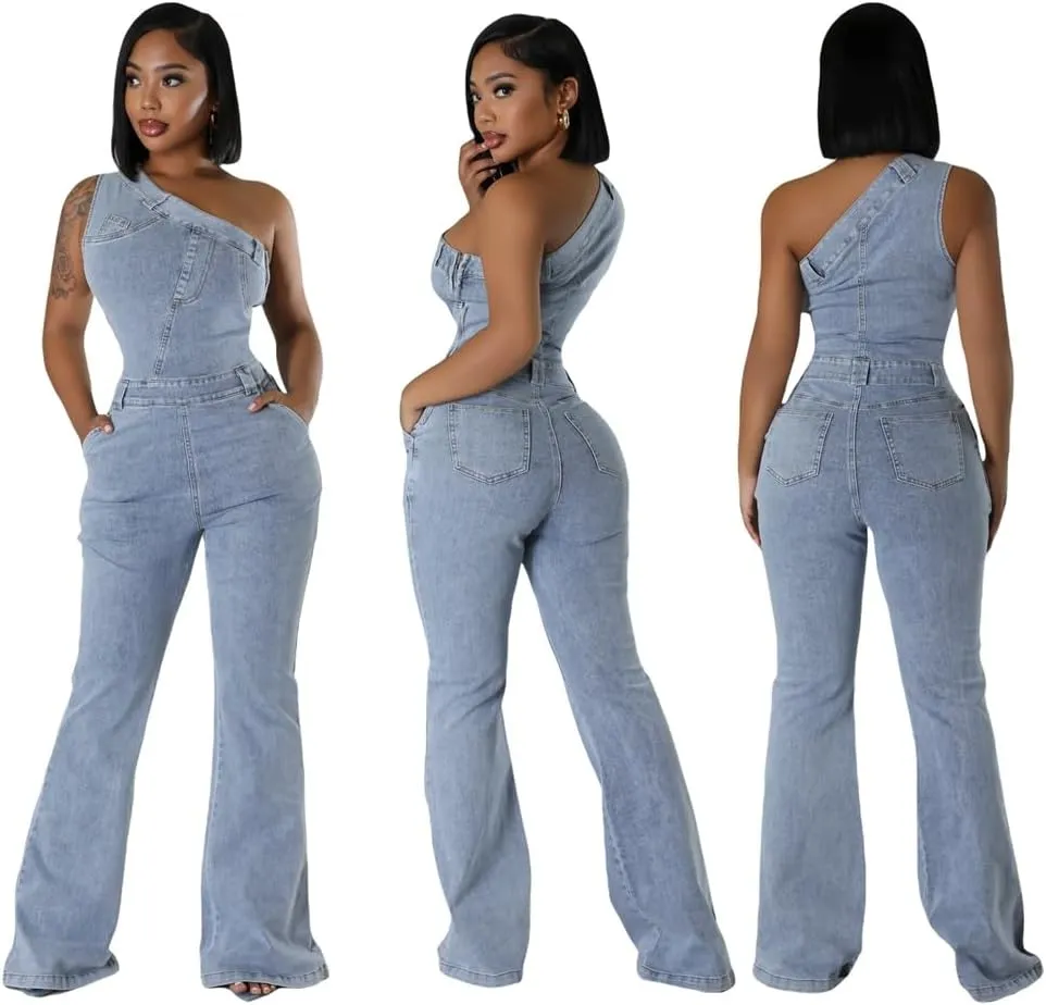 Blue Jean Rompers Washed Denim Off The Shoulder Slim Fit Elastic Denim Jumpsuit for Women Sexy