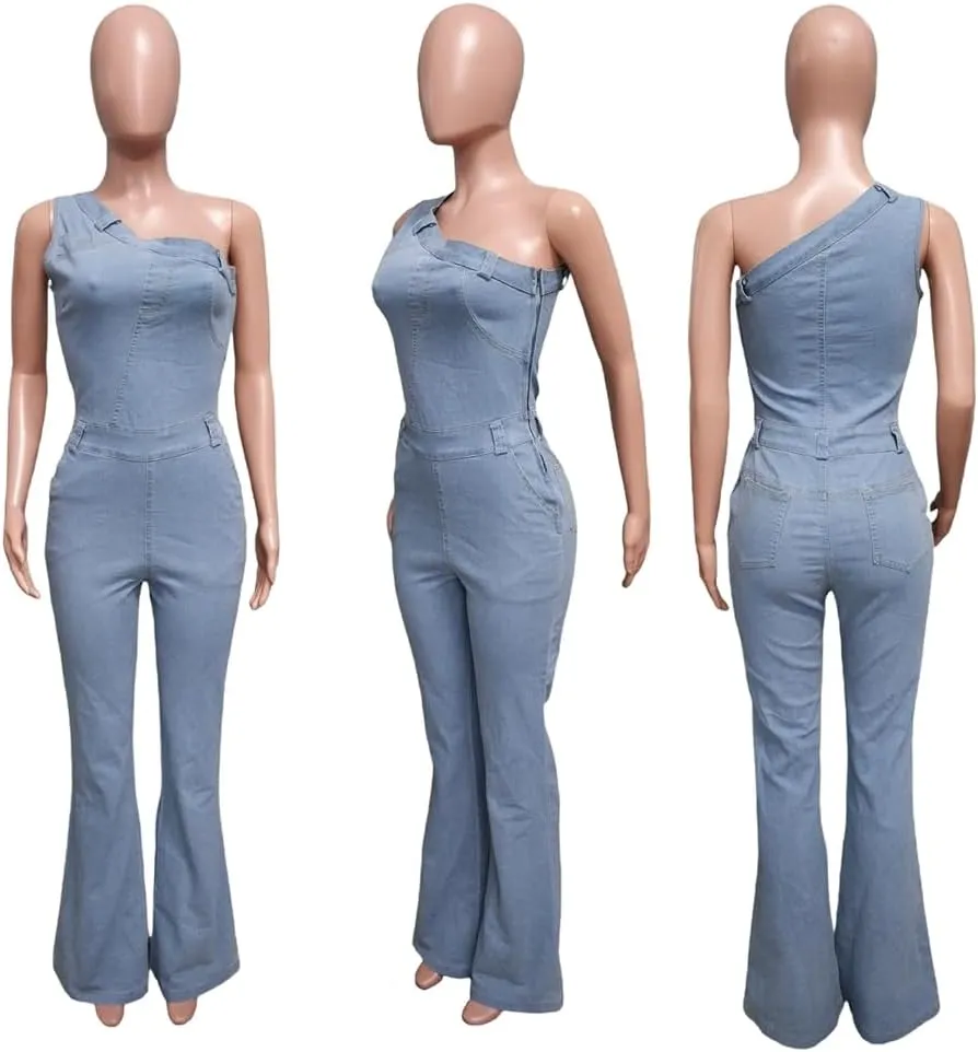 Blue Jean Rompers Washed Denim Off The Shoulder Slim Fit Elastic Denim Jumpsuit for Women Sexy