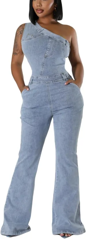 Blue Jean Rompers Washed Denim Off The Shoulder Slim Fit Elastic Denim Jumpsuit for Women Sexy