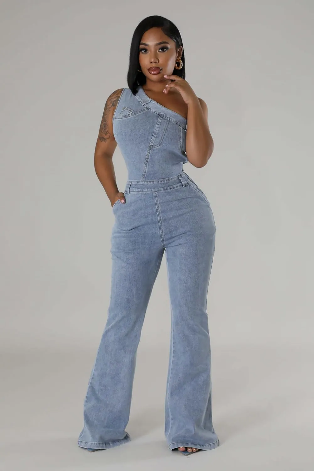 Blue Jean Rompers Washed Denim Off The Shoulder Slim Fit Elastic Denim Jumpsuit for Women Sexy