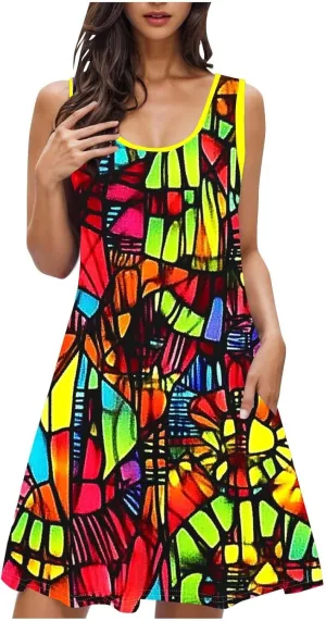 Boho Dresses for Women 2025 Summer Floral Cute Sundress Casual Sleeveless Tank Beach Mini Dress with Pocket