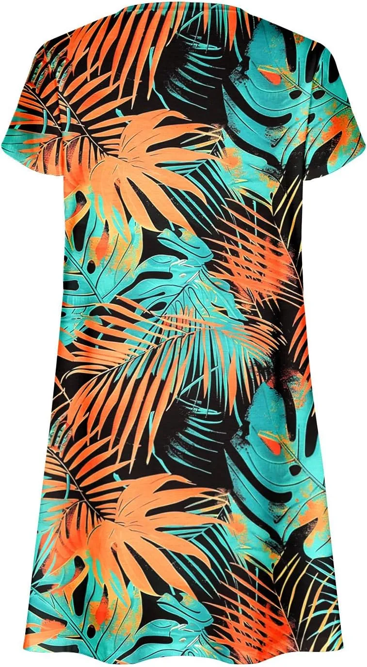 Boho Dresses for Women Summer Floral Print Short Sleeve Crew Neck Mini Dress 2025 Casual Beach A Line Flowy Sundress