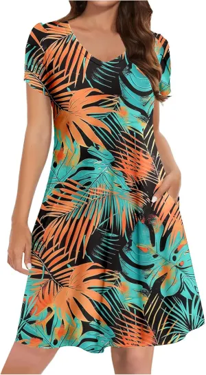 Boho Dresses for Women Summer Floral Print Short Sleeve Crew Neck Mini Dress 2025 Casual Beach A Line Flowy Sundress