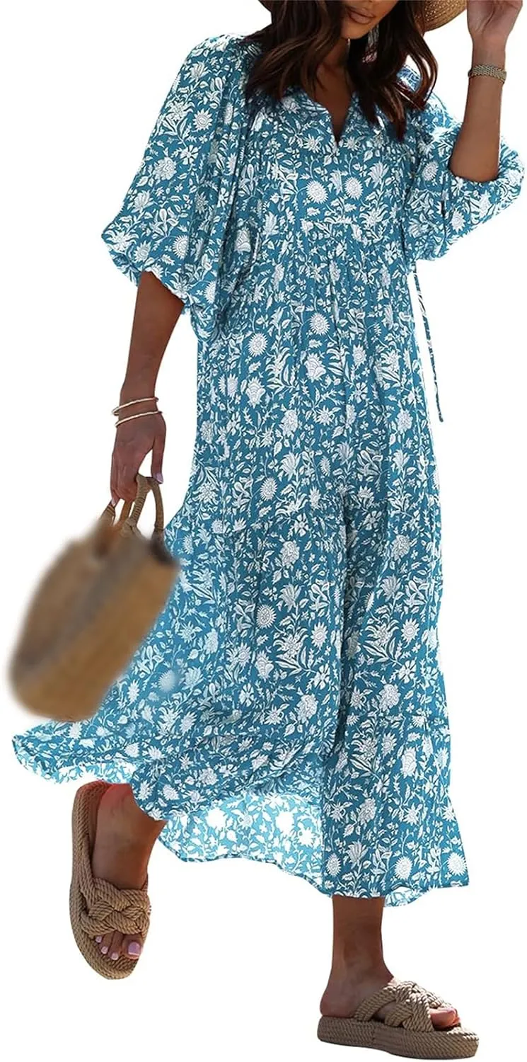 Boho Maxi Dresses for Women Casual Floarl V Neck Puff Short Sleeve Dress Summer Loose Color Block Beach Sundress