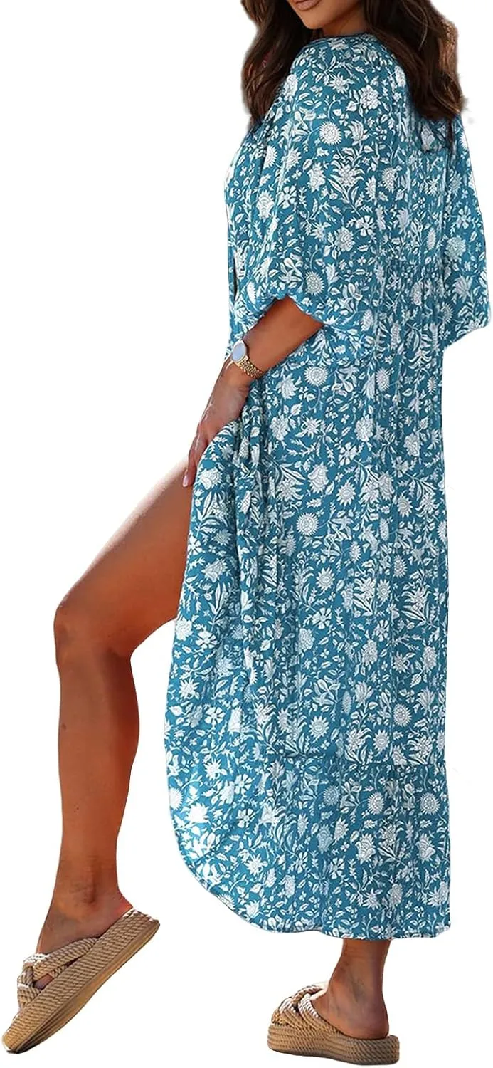 Boho Maxi Dresses for Women Casual Floarl V Neck Puff Short Sleeve Dress Summer Loose Color Block Beach Sundress