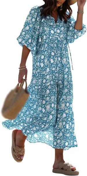 Boho Maxi Dresses for Women Casual Floarl V Neck Puff Short Sleeve Dress Summer Loose Color Block Beach Sundress
