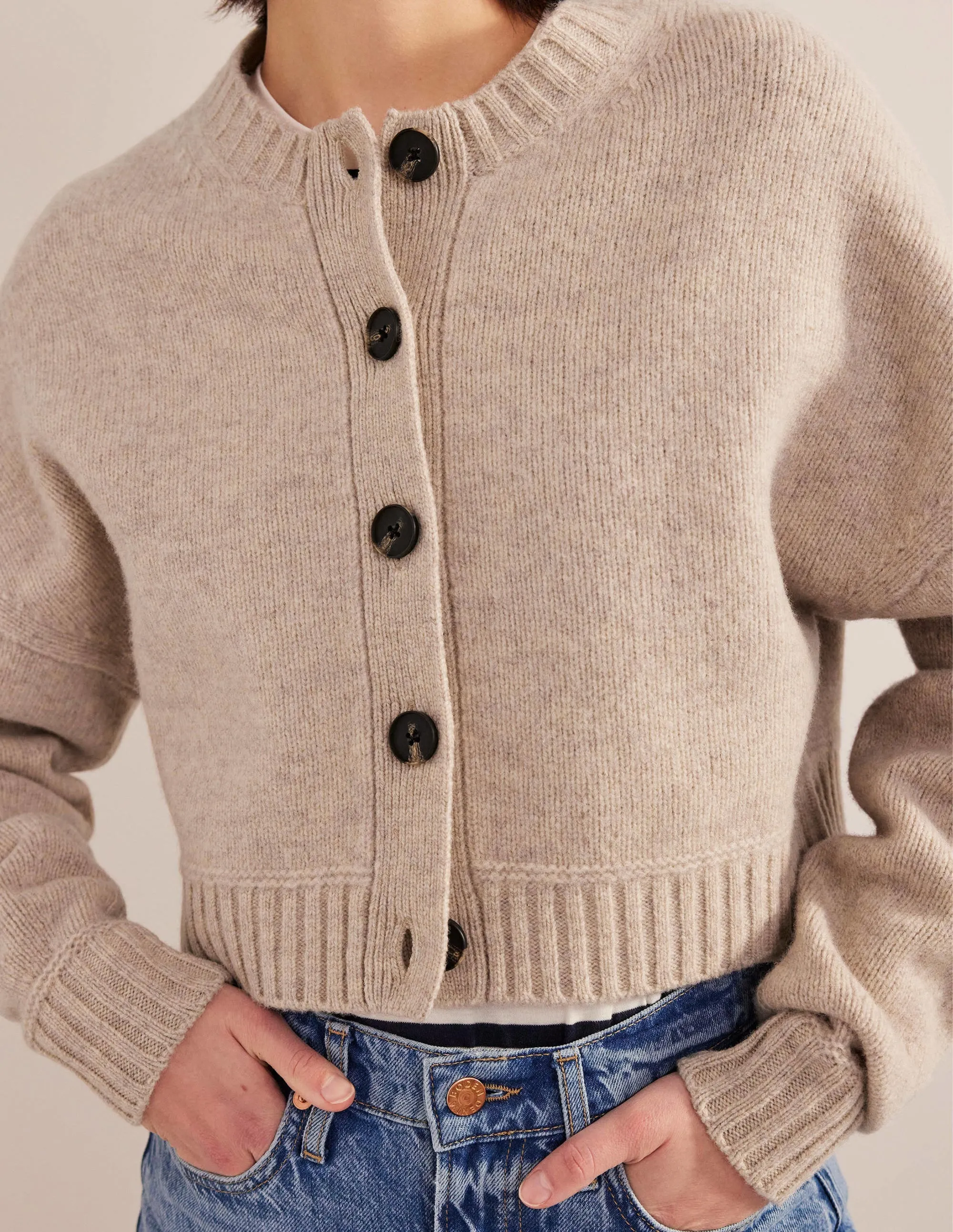 Brushed Wool Cropped Cardigan-Oatmeal Melange
