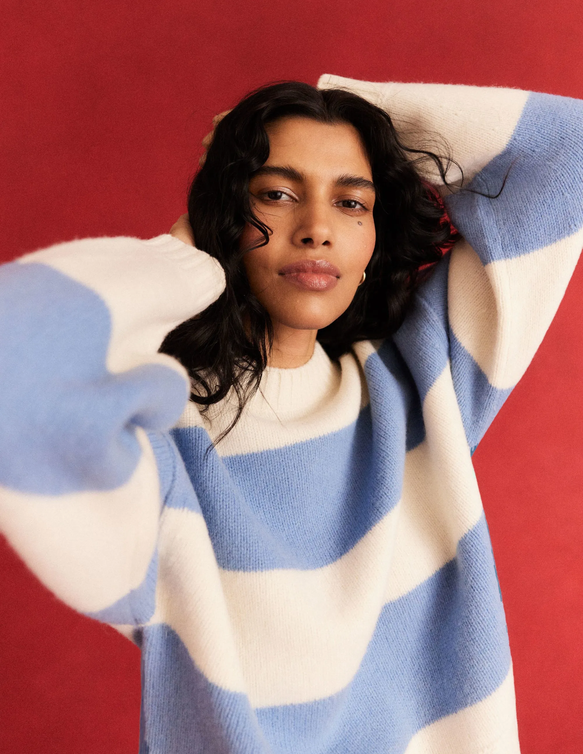 Brushed Wool Cropped Jumper-Linseed, Ivory Stripe