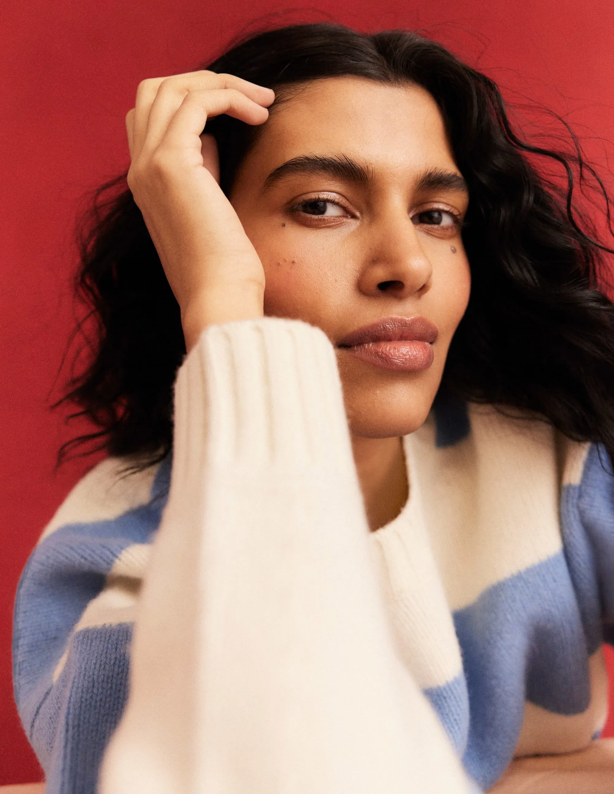 Brushed Wool Cropped Jumper-Linseed, Ivory Stripe