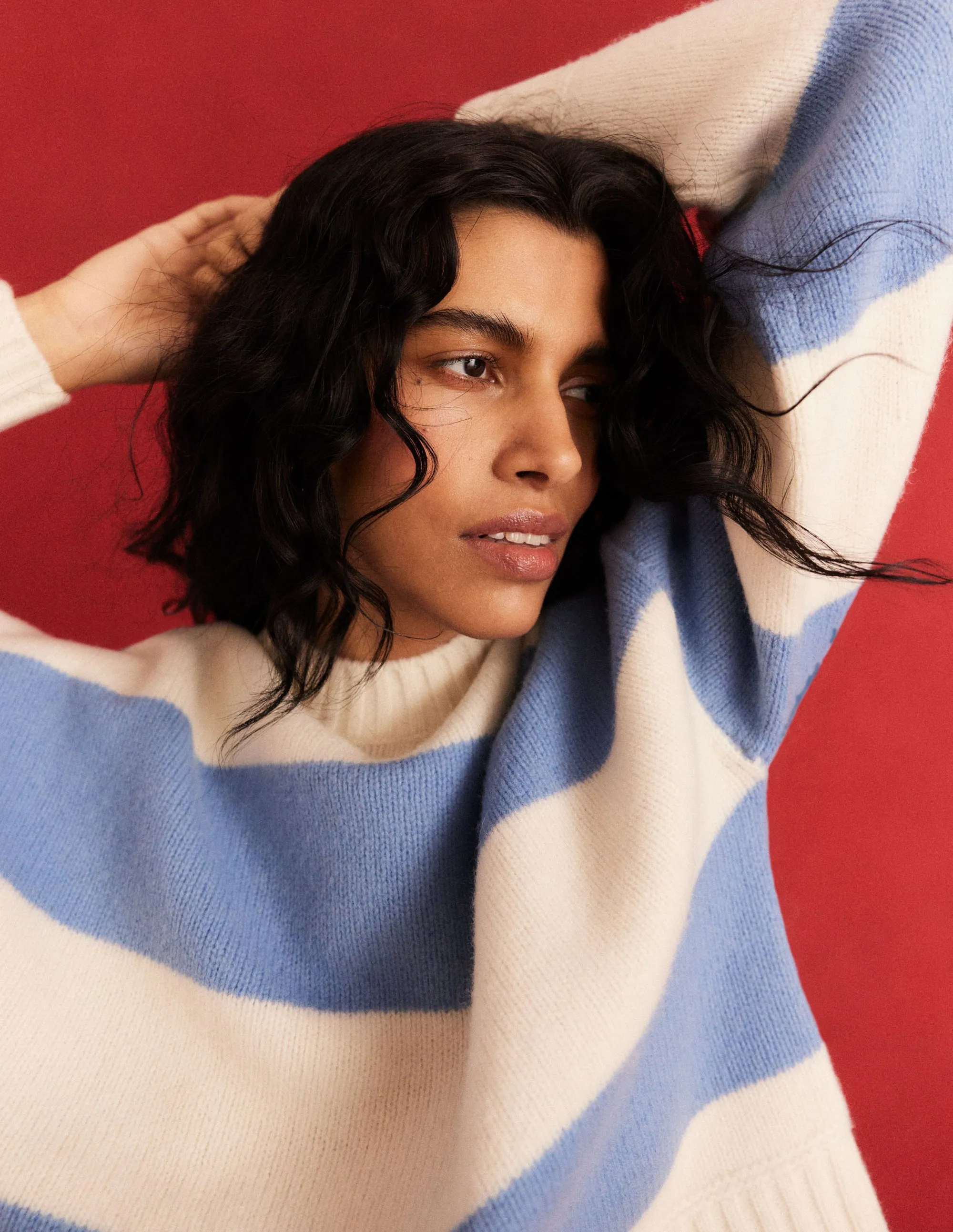 Brushed Wool Cropped Jumper-Linseed, Ivory Stripe