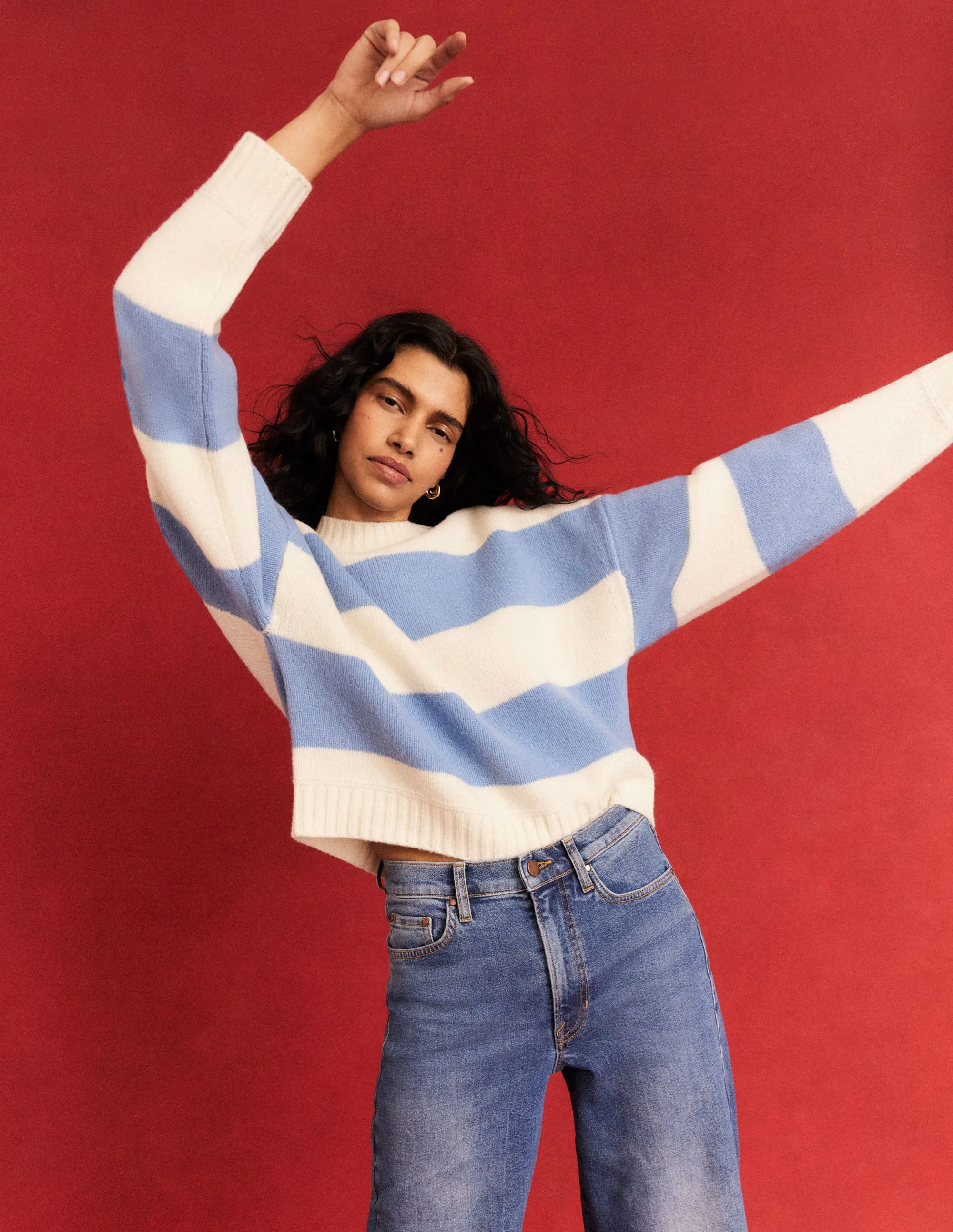 Brushed Wool Cropped Jumper-Linseed, Ivory Stripe