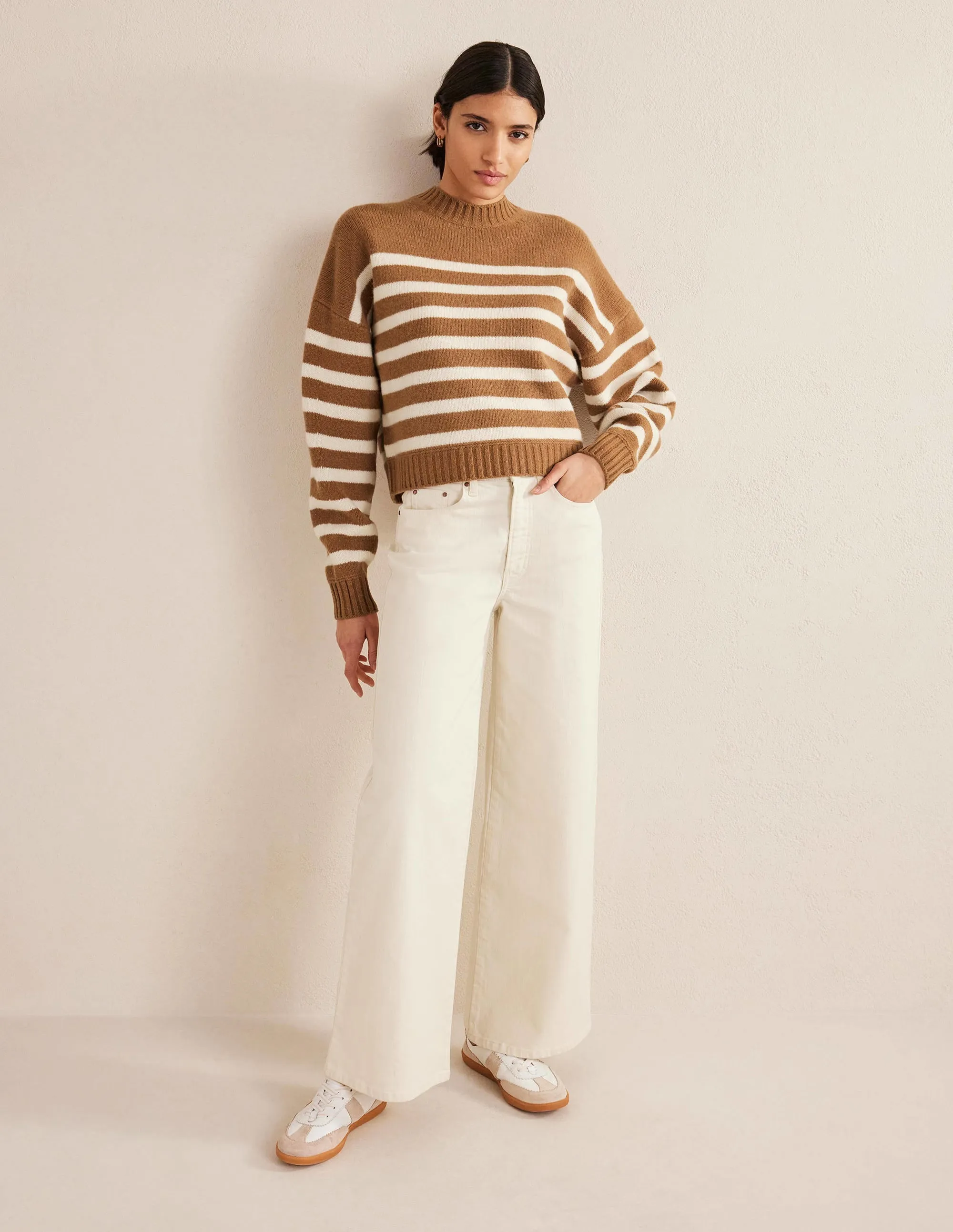 Brushed Wool Cropped Jumper-Teddy Bear, Ivory Stripe