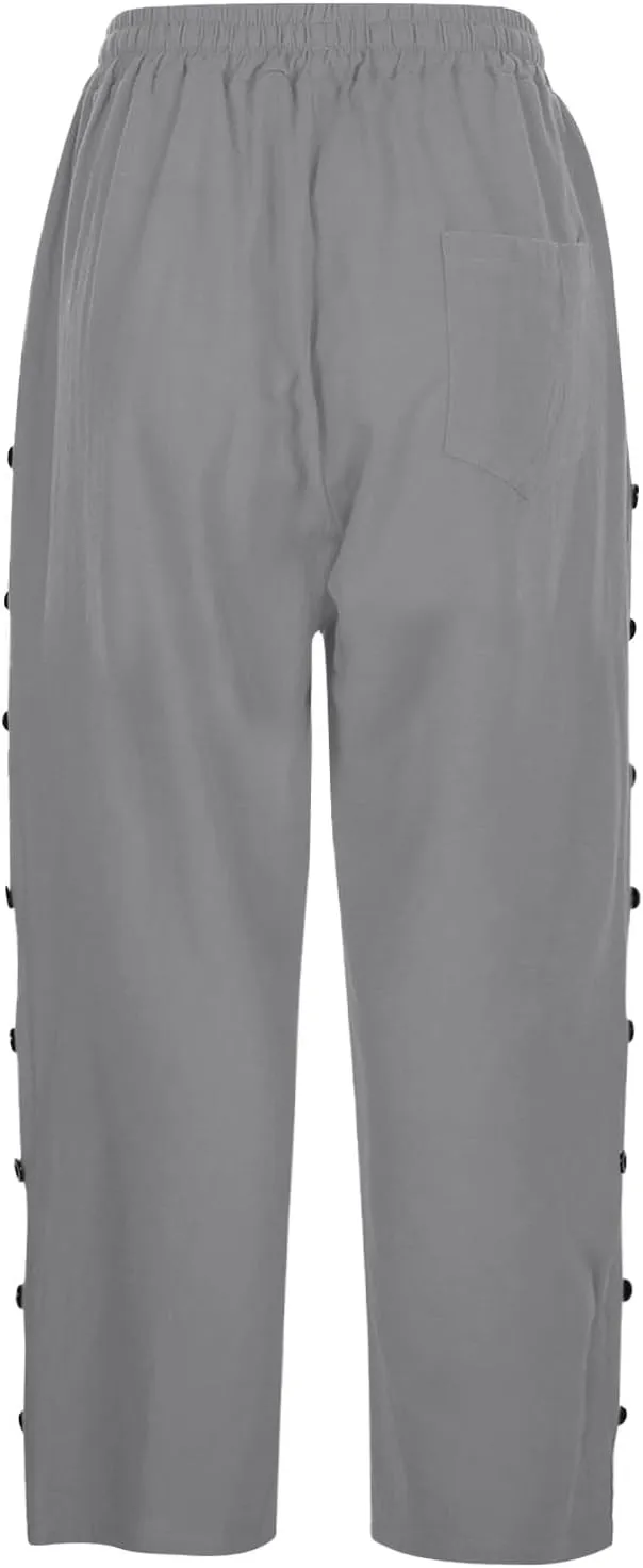 Capris Pants for Women Cotton Linen Casual Summer 2025 Straight Wide Leg Loose Drawstring Elastic Waist Cropped Trouser