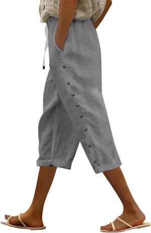 Capris Pants for Women Cotton Linen Casual Summer 2025 Straight Wide Leg Loose Drawstring Elastic Waist Cropped Trouser