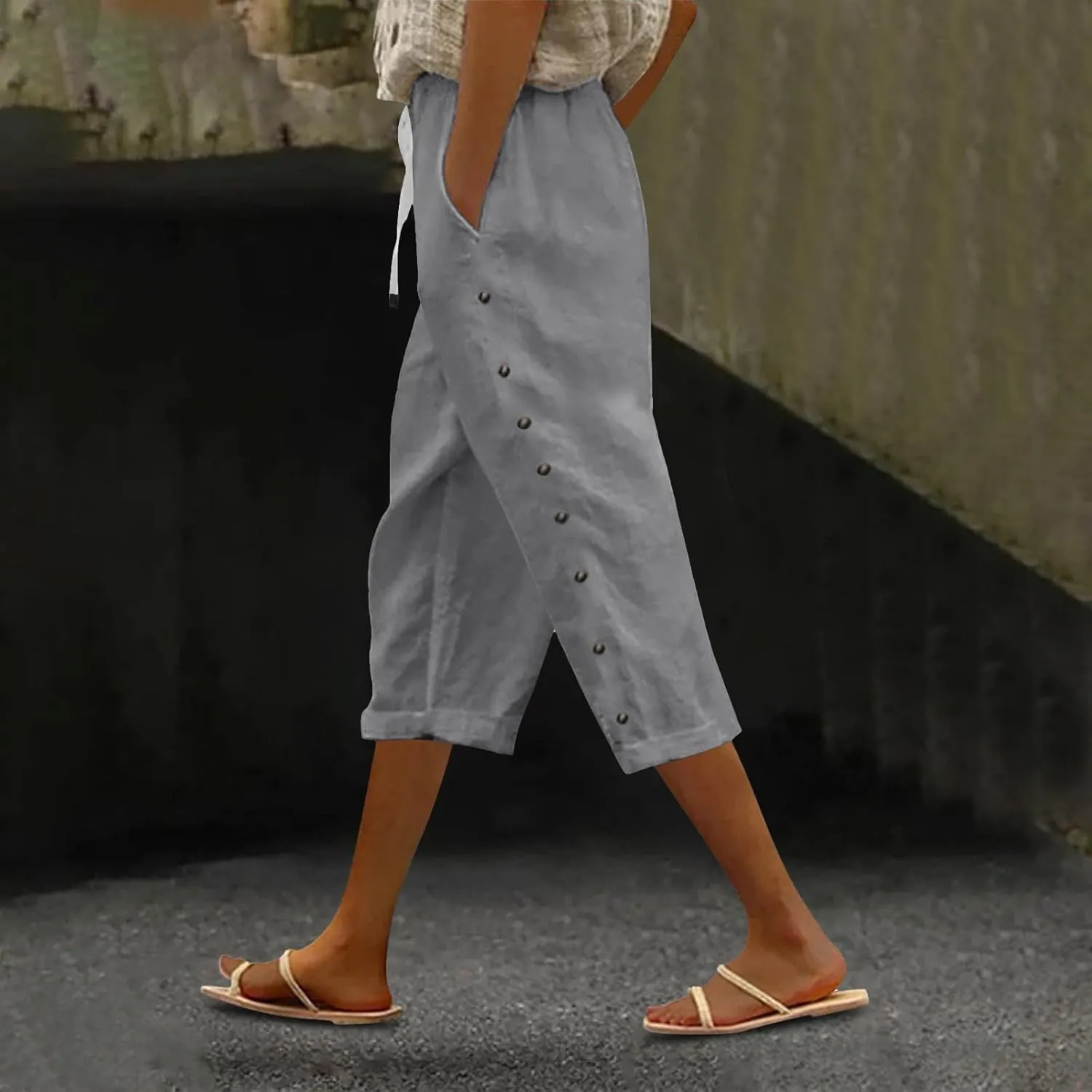 Capris Pants for Women Cotton Linen Casual Summer 2025 Straight Wide Leg Loose Drawstring Elastic Waist Cropped Trouser