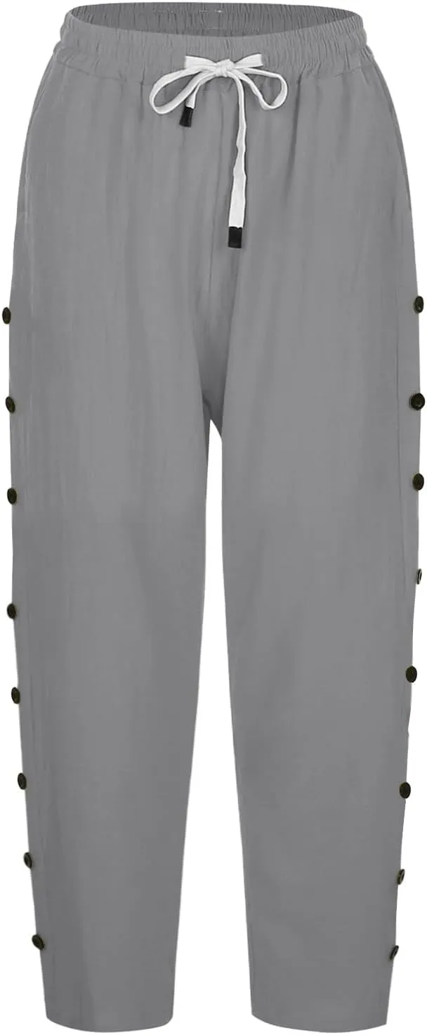 Capris Pants for Women Cotton Linen Casual Summer 2025 Straight Wide Leg Loose Drawstring Elastic Waist Cropped Trouser