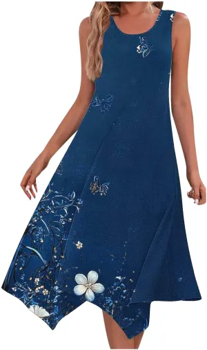 Casual Dresses for Women Summer Sleeveless Floral Beach Sundresses Flowy Irregular Hem Wedding Guest Midi Dress