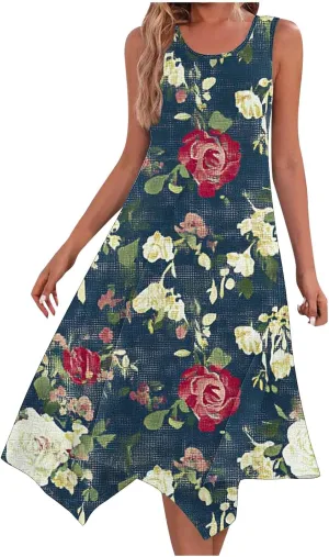 Casual Dresses for Women Summer Sleeveless Floral Beach Sundresses Flowy Irregular Hem Wedding Guest Midi Dress