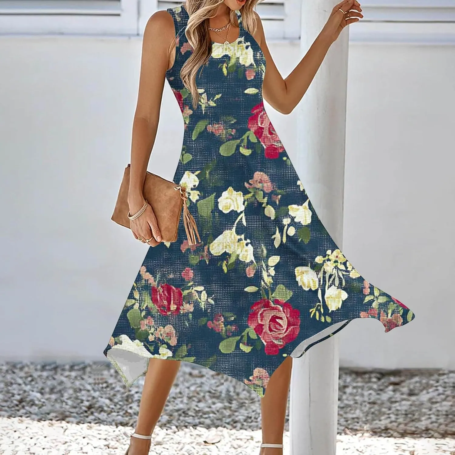 Casual Dresses for Women Summer Sleeveless Floral Beach Sundresses Flowy Irregular Hem Wedding Guest Midi Dress