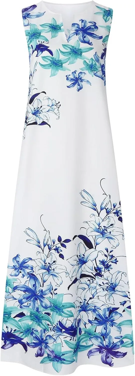Cbcbtwo LongMaxi Dresses for Women Casual Spring Summer Fasion 2025 Sleeveless V-Neck Beach Dress Floral Print Vacation Dress