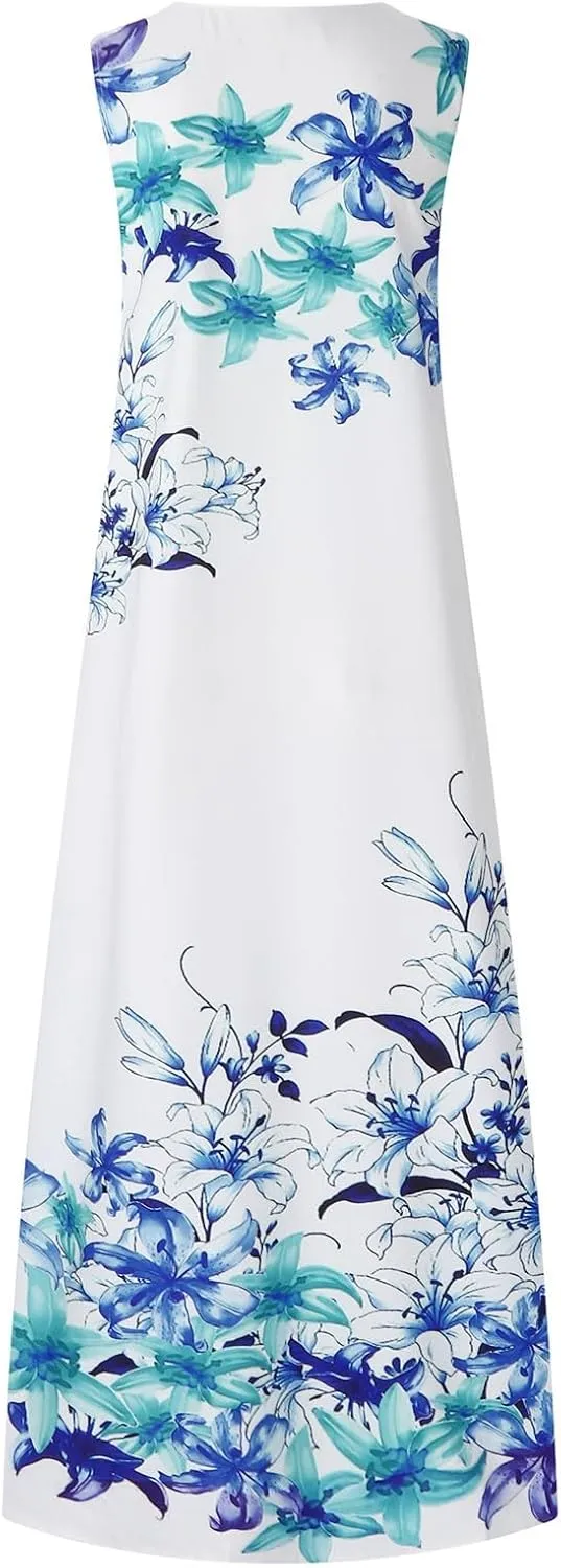 Cbcbtwo LongMaxi Dresses for Women Casual Spring Summer Fasion 2025 Sleeveless V-Neck Beach Dress Floral Print Vacation Dress