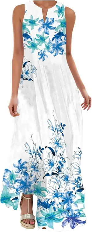 Cbcbtwo LongMaxi Dresses for Women Casual Spring Summer Fasion 2025 Sleeveless V-Neck Beach Dress Floral Print Vacation Dress