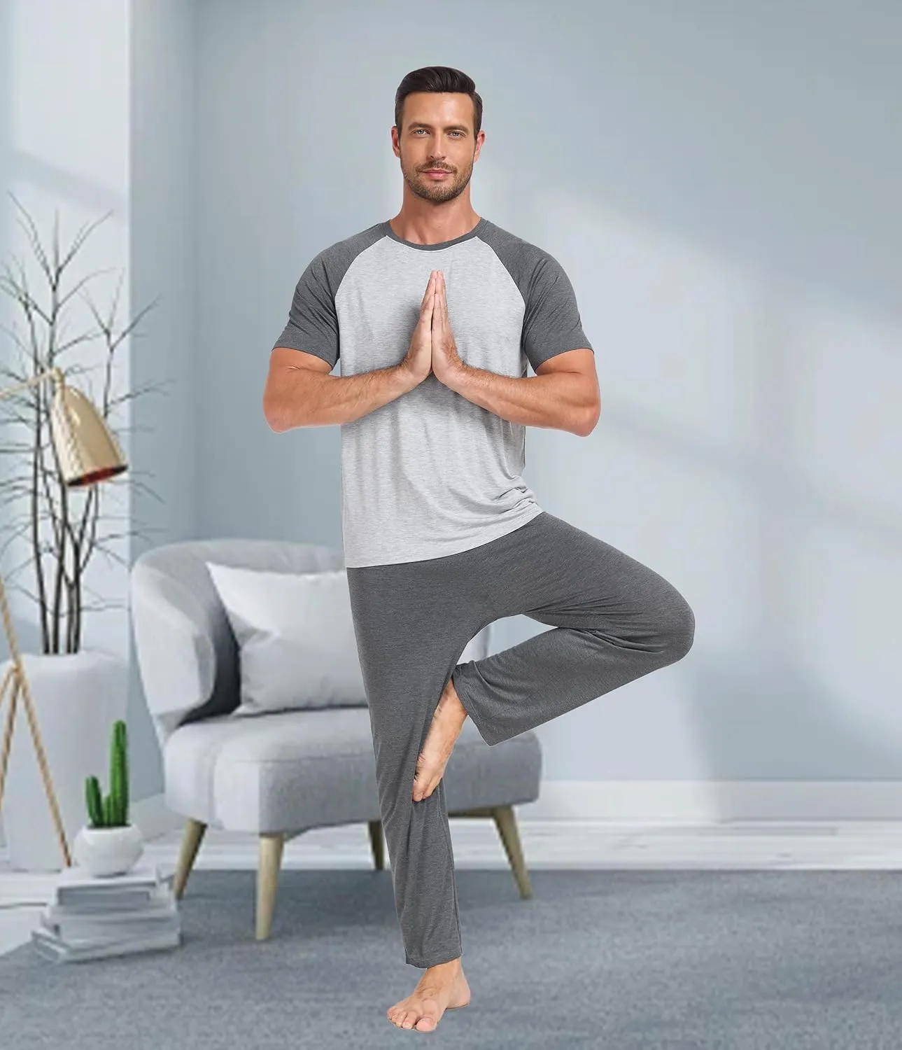 CF Men's Pajama Sets Rayon Sleepwear Pjs Lightweight Short Sleeve Shirt & Bottoms loungewear set with Pockets