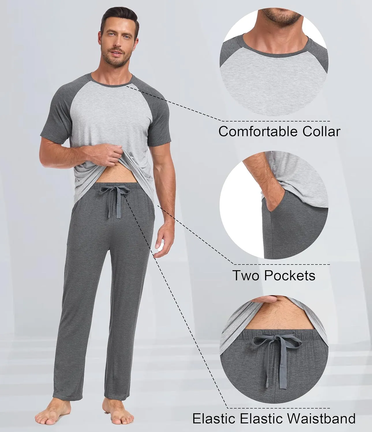 CF Men's Pajama Sets Rayon Sleepwear Pjs Lightweight Short Sleeve Shirt & Bottoms loungewear set with Pockets