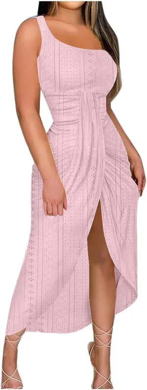 Cocktail Dresses for Women Wedding Guest One Sexy Shoulder Maxi Long Dress Eyelet Split Hem High Waist Wrap Dress