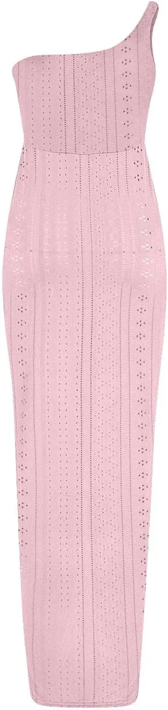 Cocktail Dresses for Women Wedding Guest One Sexy Shoulder Maxi Long Dress Eyelet Split Hem High Waist Wrap Dress
