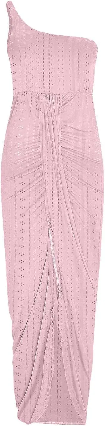 Cocktail Dresses for Women Wedding Guest One Sexy Shoulder Maxi Long Dress Eyelet Split Hem High Waist Wrap Dress